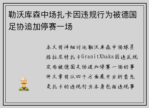 勒沃库森中场扎卡因违规行为被德国足协追加停赛一场