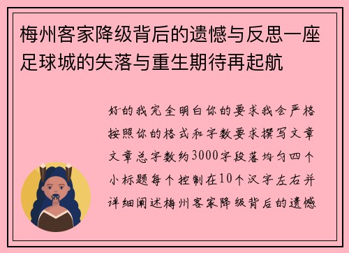 梅州客家降级背后的遗憾与反思一座足球城的失落与重生期待再起航